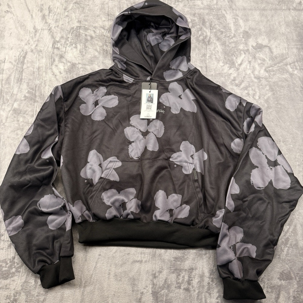 Crop Hoodie Womens L SumWon Pullover Lng Sleeve Loose Fit Jacket Black Floral‎